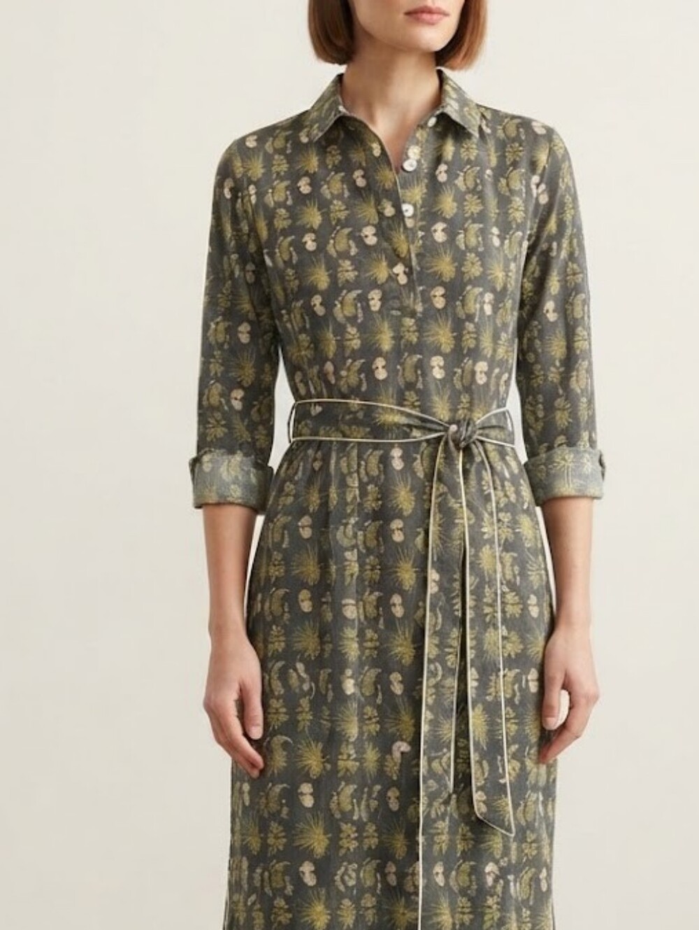Holly Shae Designs Shirtwaist Midi Dress in Olive Nature Botanical Print Sz XS/S